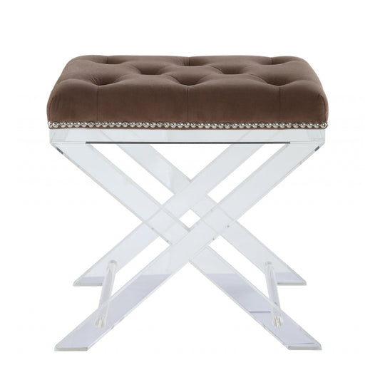 HomeRoots 19" x 14" x 19" Brown Fabric And Clear Acrylic Stool