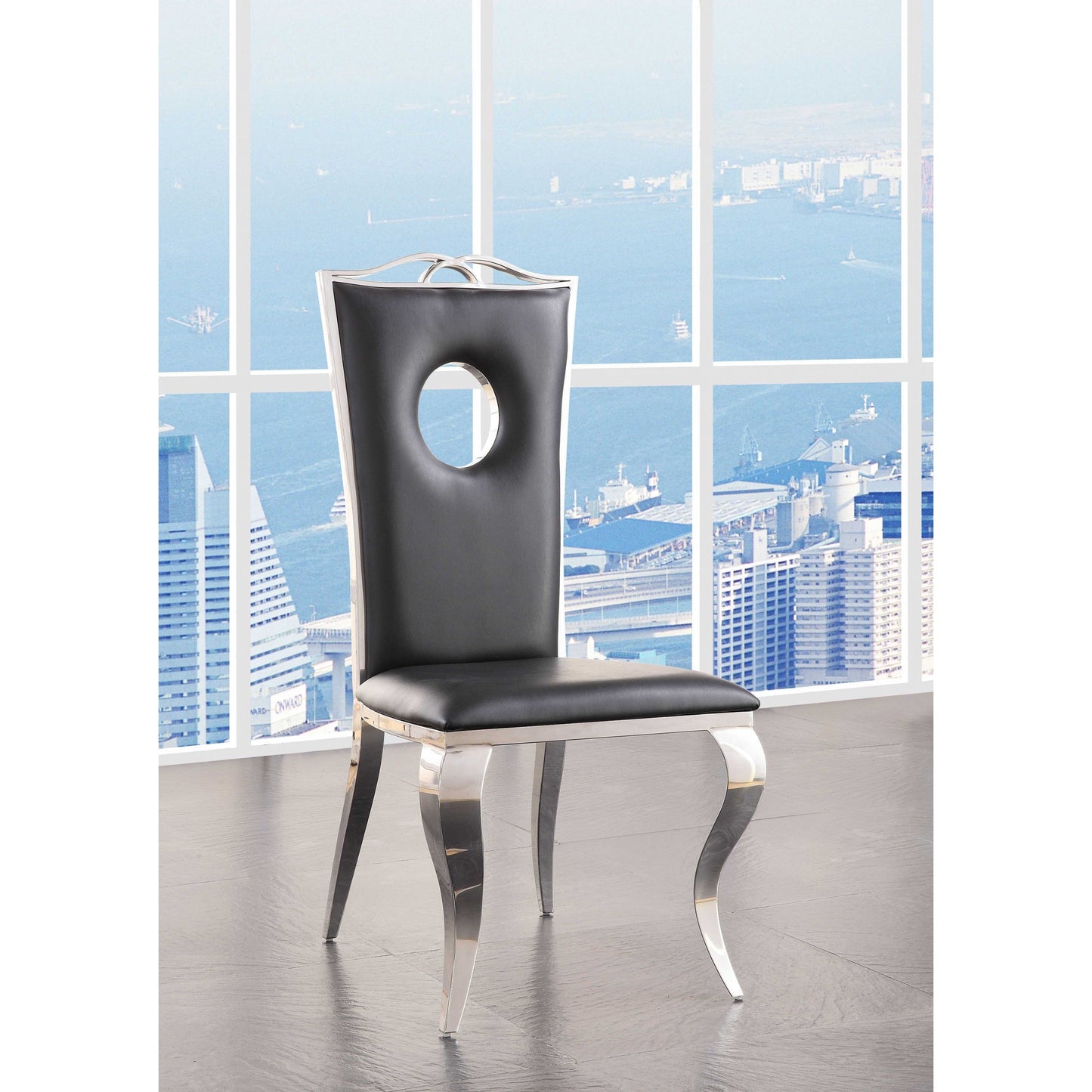 HomeRoots 19" x 21" x 44" Faux Leather and Stainless Steel Upholstered Side Chair in Set of Two