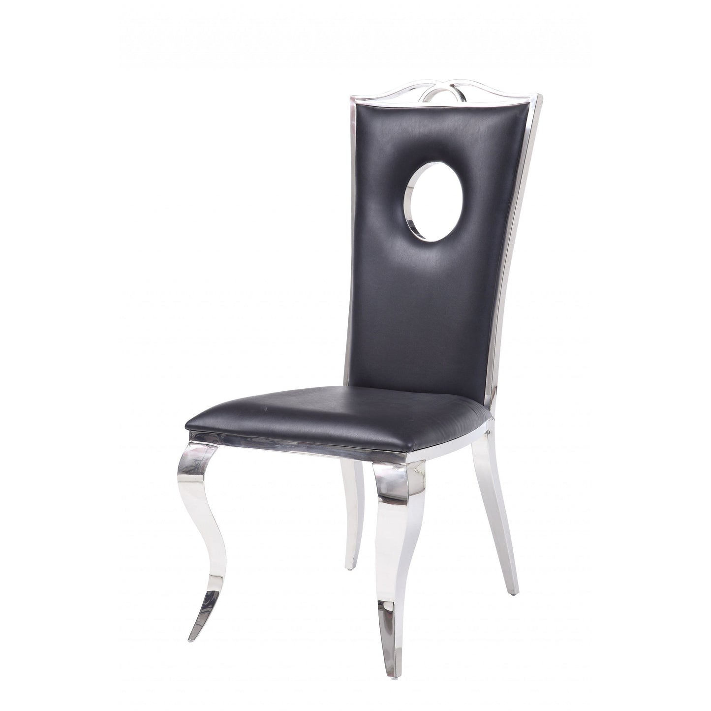 HomeRoots 19" x 21" x 44" Faux Leather and Stainless Steel Upholstered Side Chair in Set of Two