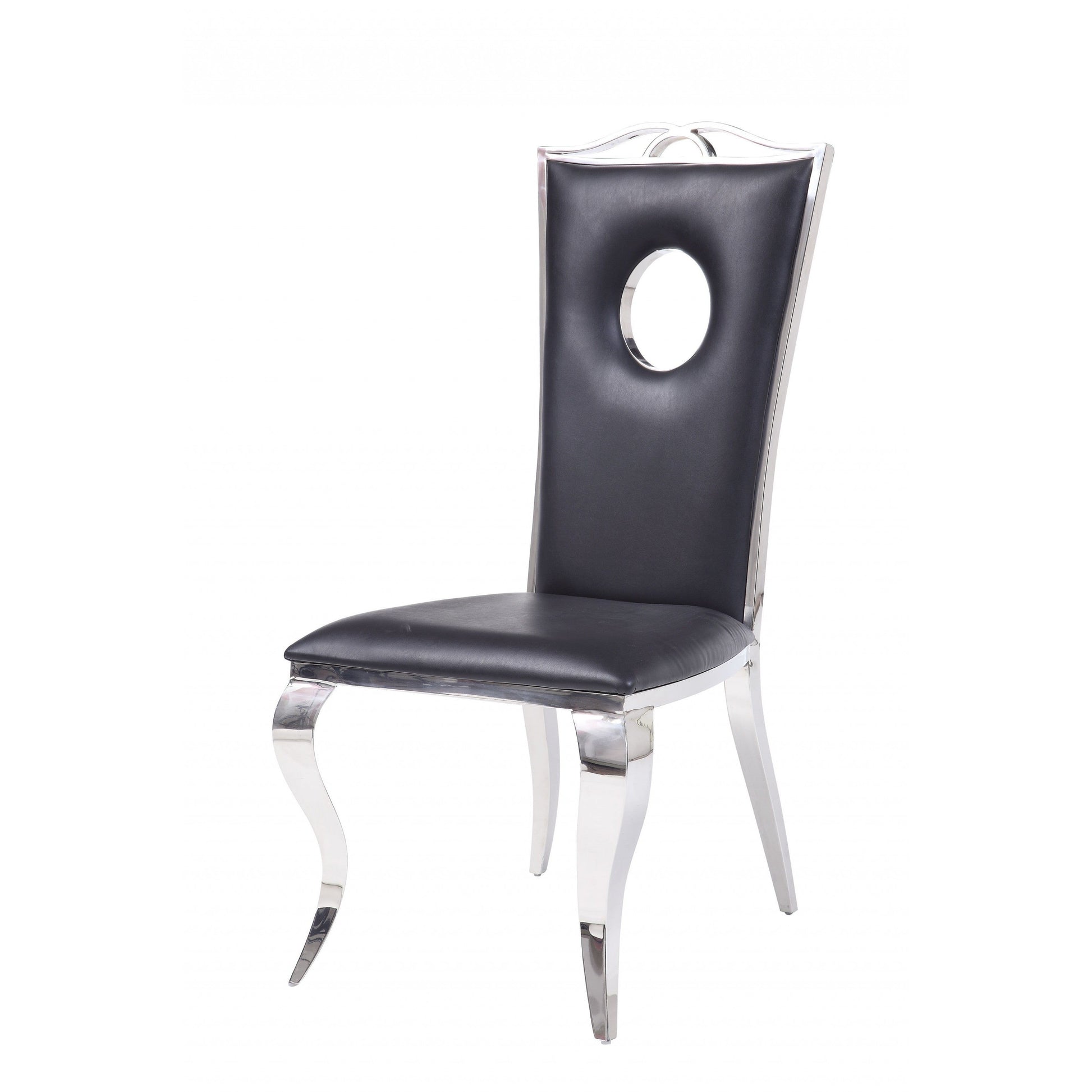 HomeRoots 19" x 21" x 44" Faux Leather and Stainless Steel Upholstered Side Chair in Set of Two