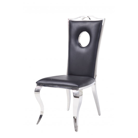 HomeRoots 19" x 21" x 44" Faux Leather and Stainless Steel Upholstered Side Chair in Set of Two