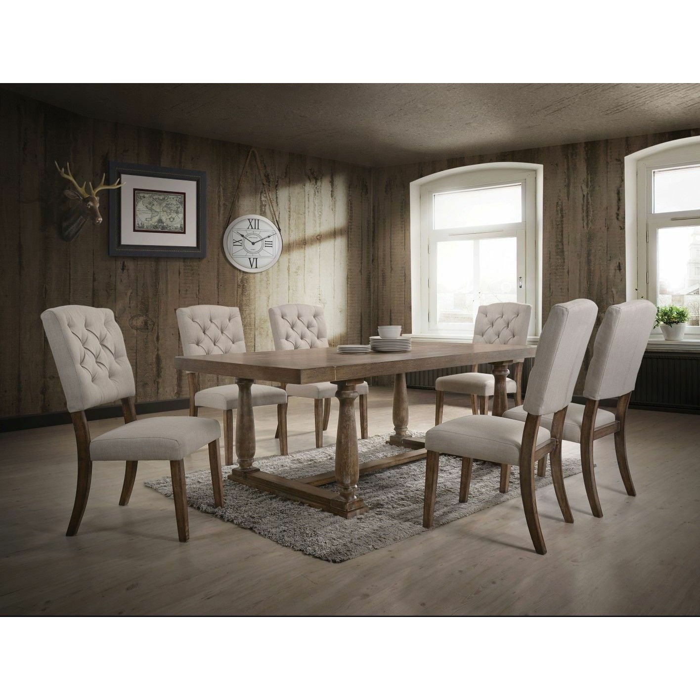 HomeRoots 19" x 23" x 43" Cream Linen And Weathered Oak Side Chair In Set Of Two