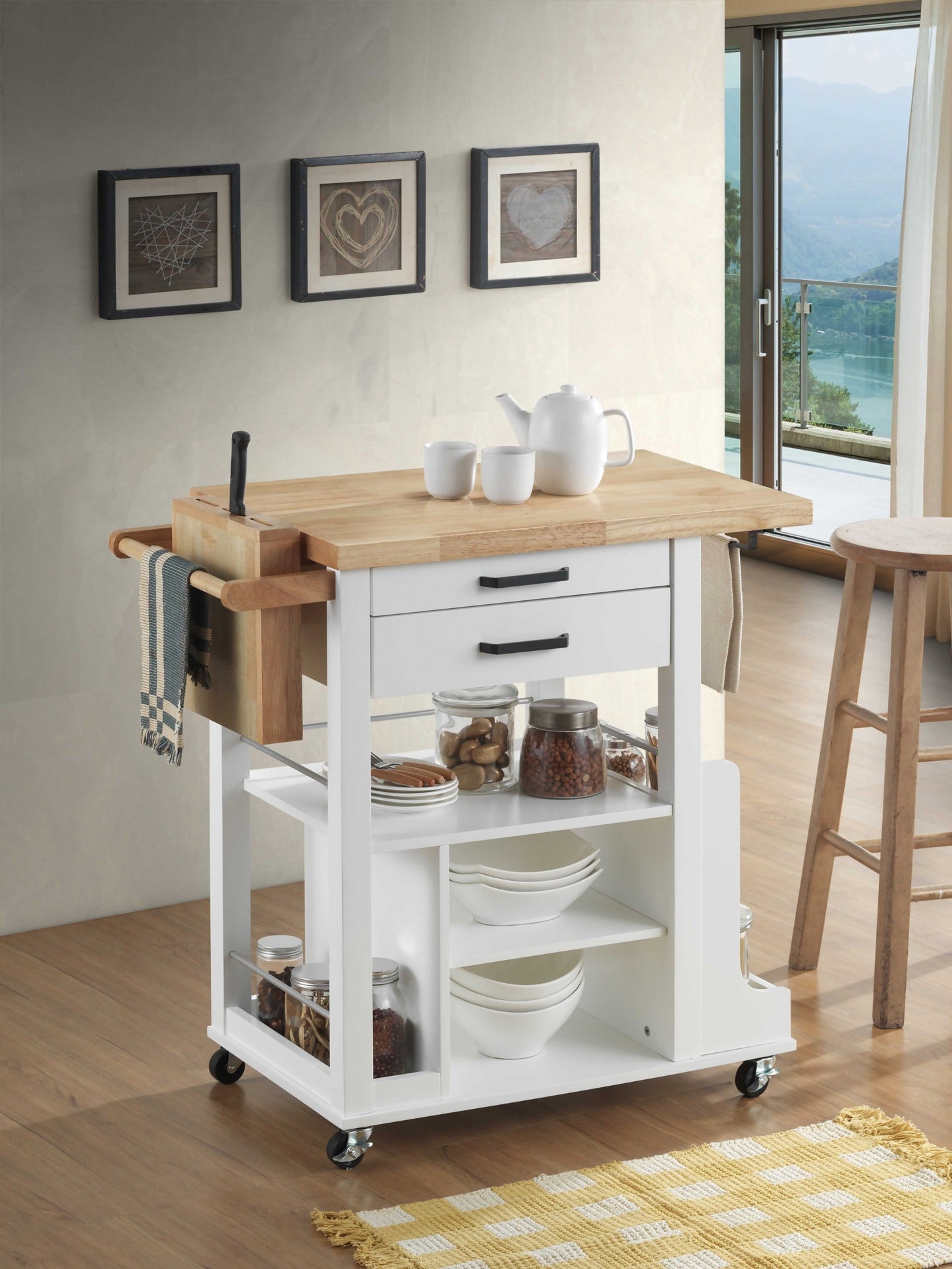 HomeRoots 19" x 35" x 35" Wood Casters Kitchen Cart in Natural and White Finish