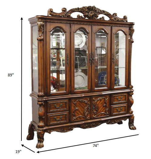 HomeRoots 19" x 74" x 89" Poly Resin Glass Hutch Buffet With Cherry Oak Wood Finish