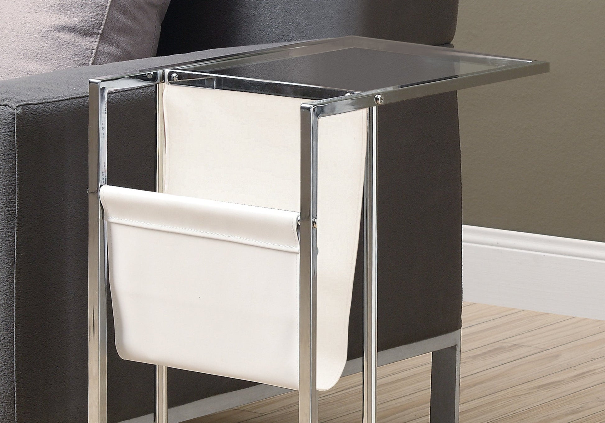 HomeRoots 19.5" x 12" x 24" Tempered Glass Leather Look Accent Table in Chrome Finish