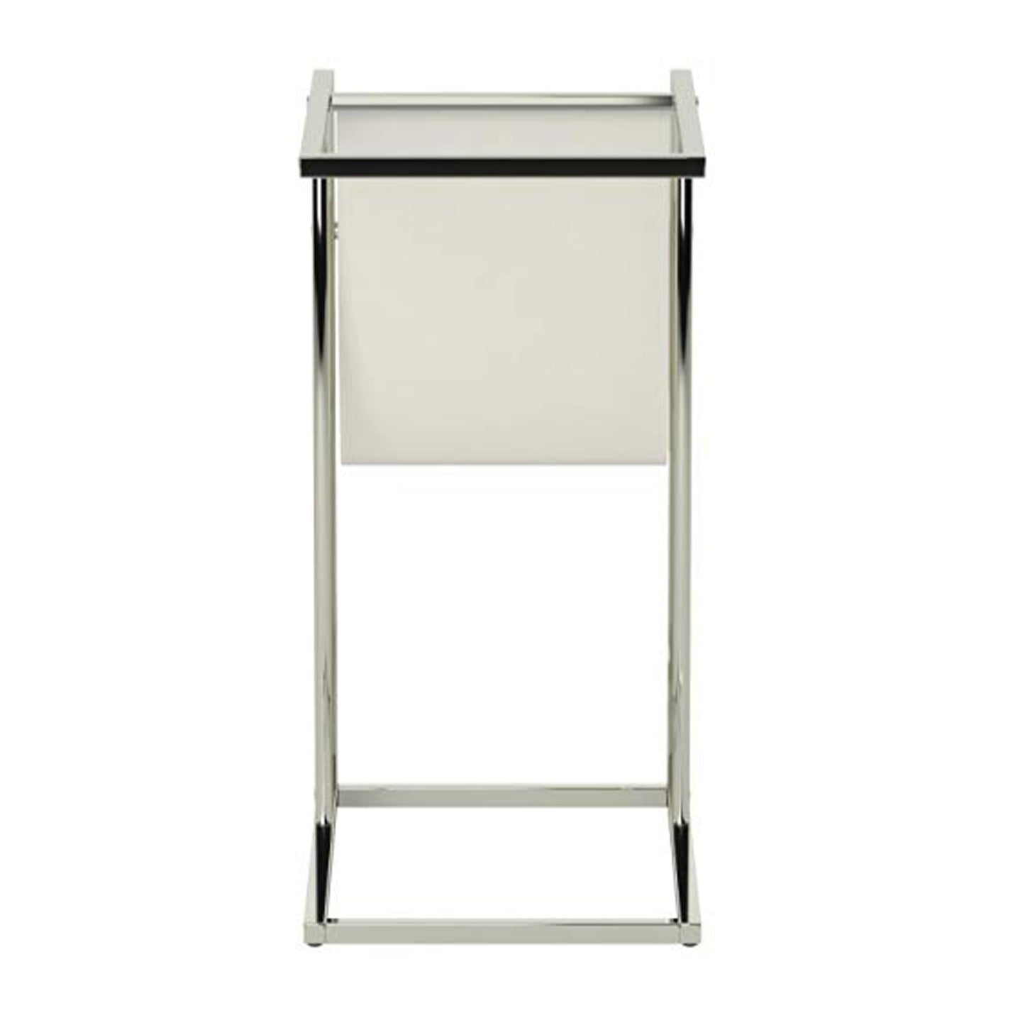 HomeRoots 19.5" x 12" x 24" Tempered Glass Leather Look Accent Table in Chrome Finish