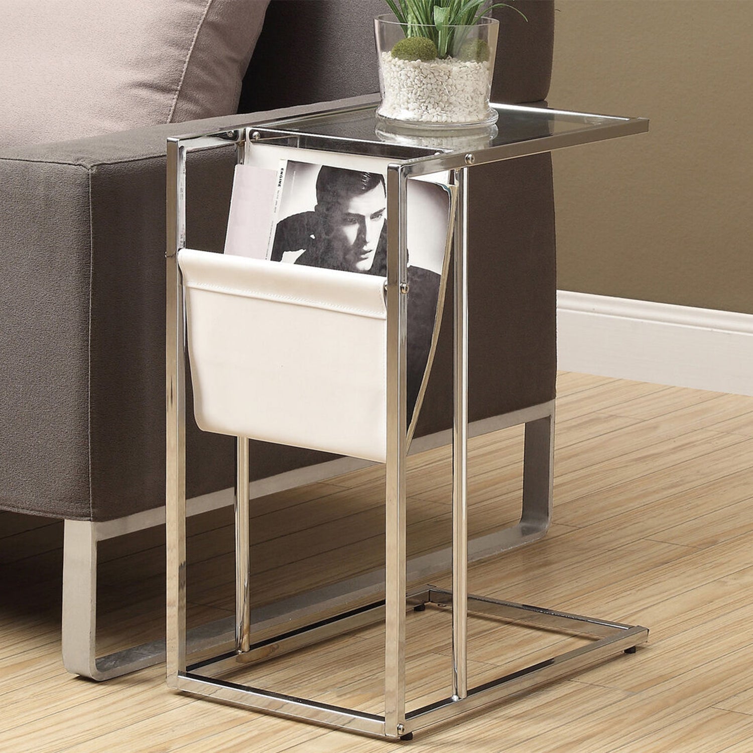 HomeRoots 19.5" x 12" x 24" Tempered Glass Leather Look Accent Table in Chrome Finish
