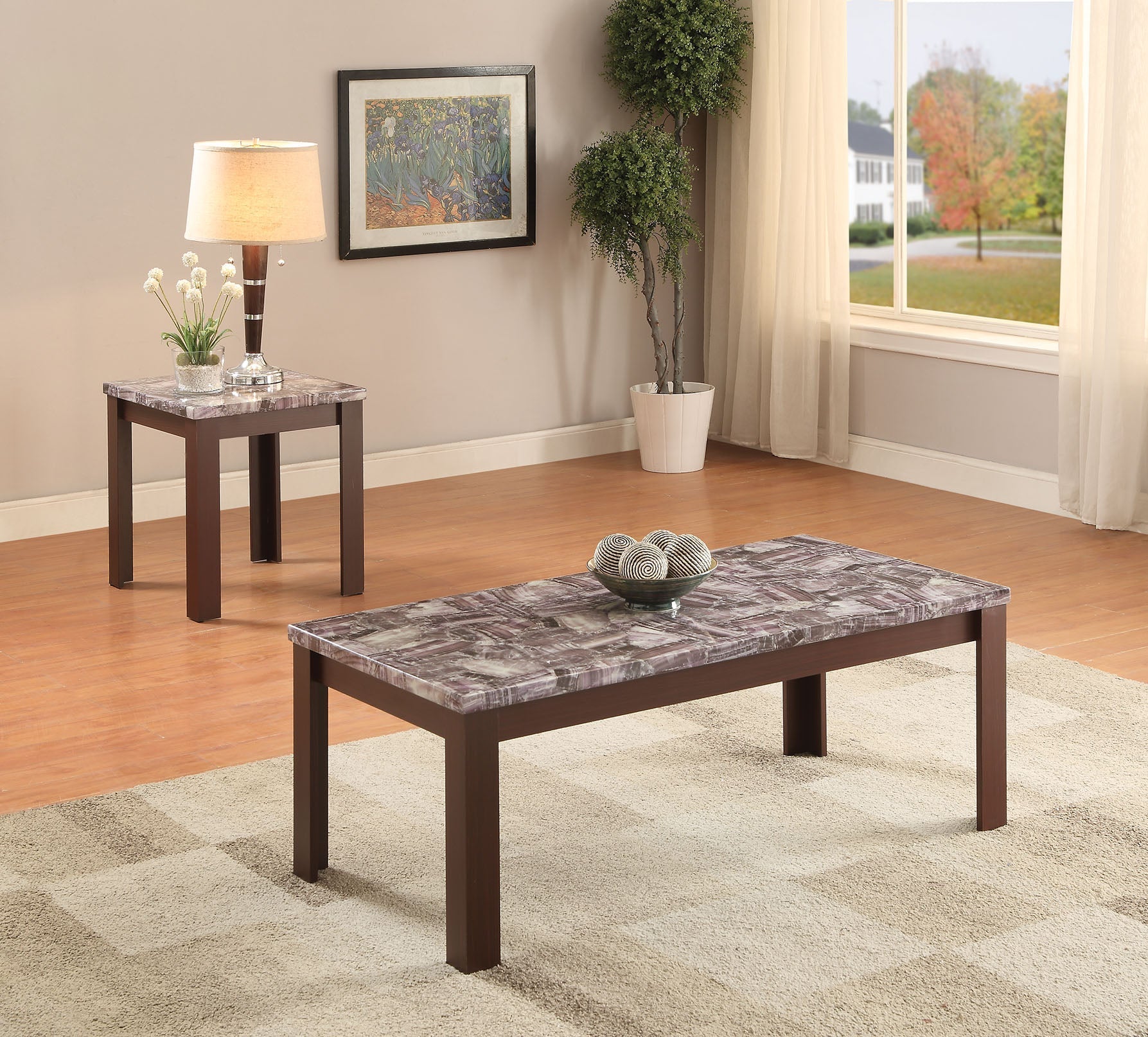 HomeRoots 2-Piece Pack Coffee/End Table Set With Faux Marble & Cherry Finish