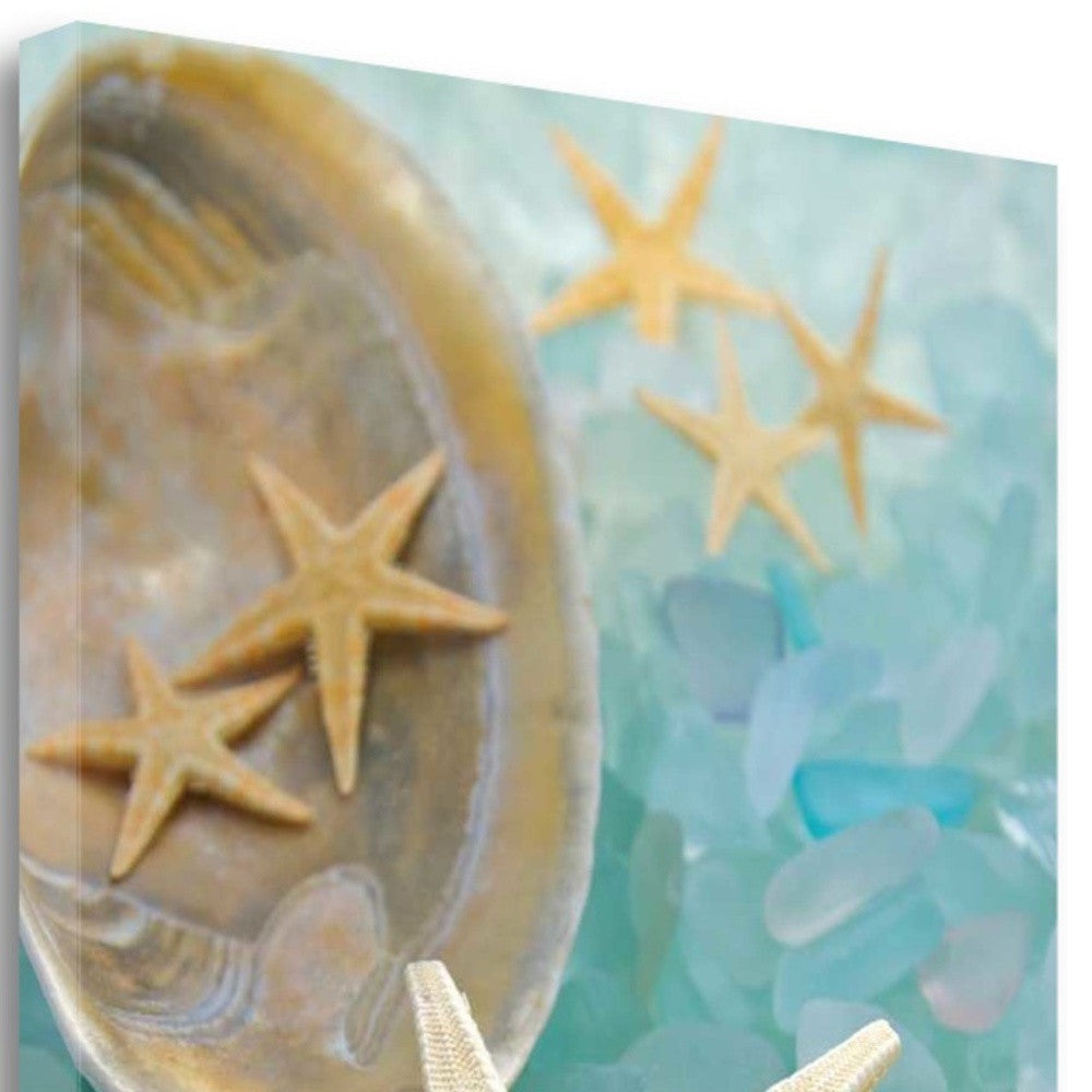 HomeRoots 2" Yellow Starfish and Blue Seaglass Giclee Wrap Canvas Wall Art