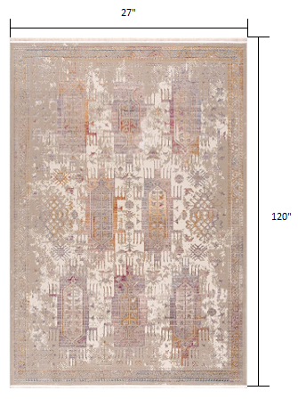 HomeRoots 2' x 10' Beige Faded Tribal Motifs Runner Rug