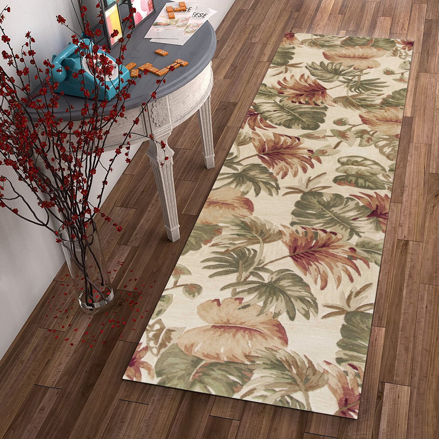 HomeRoots 2' x 10' Beige Palm Leaves Wool Indoor Runner Rug