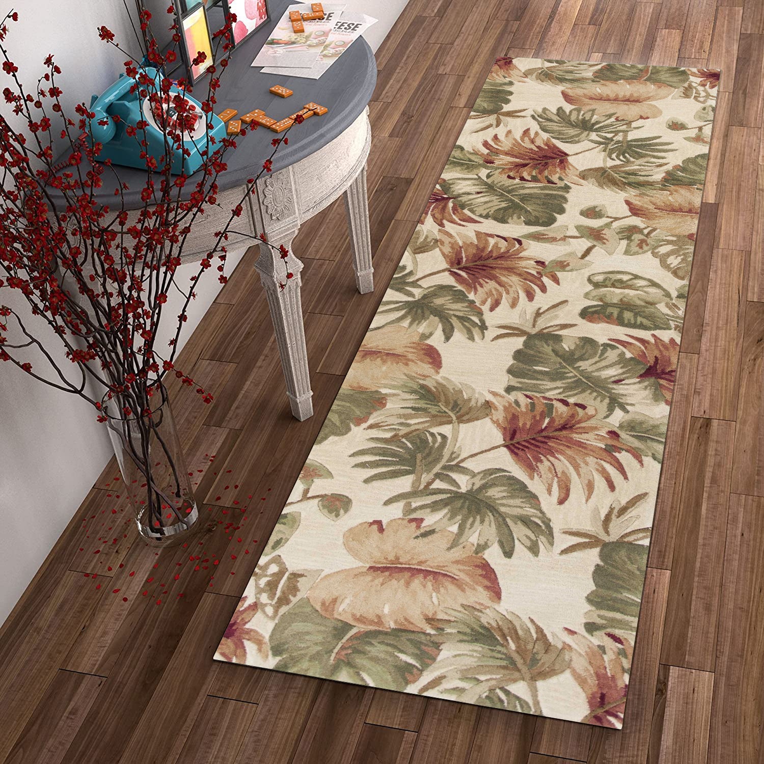 HomeRoots 2' x 10' Beige Palm Leaves Wool Indoor Runner Rug
