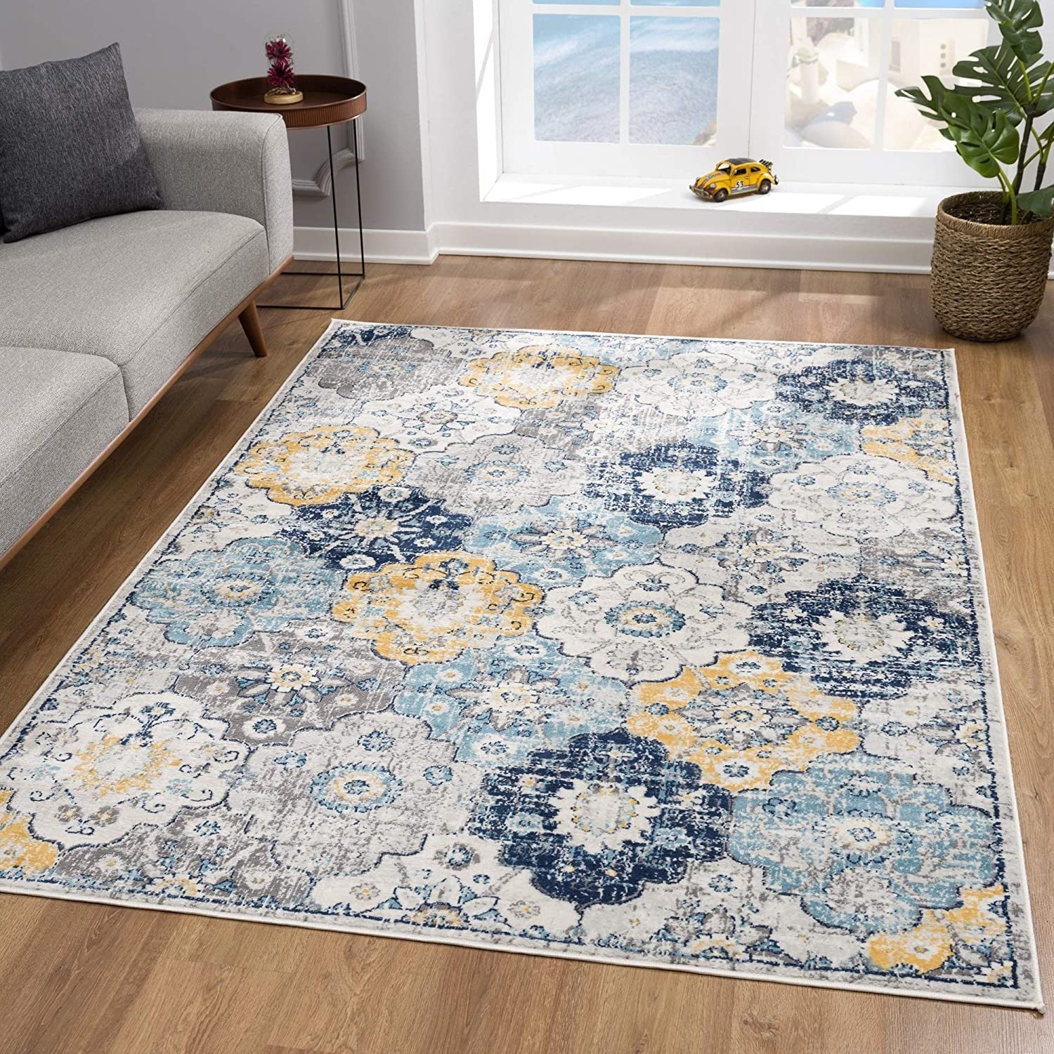 HomeRoots 2’ x 10’ Blue Distressed Floral Runner Rug