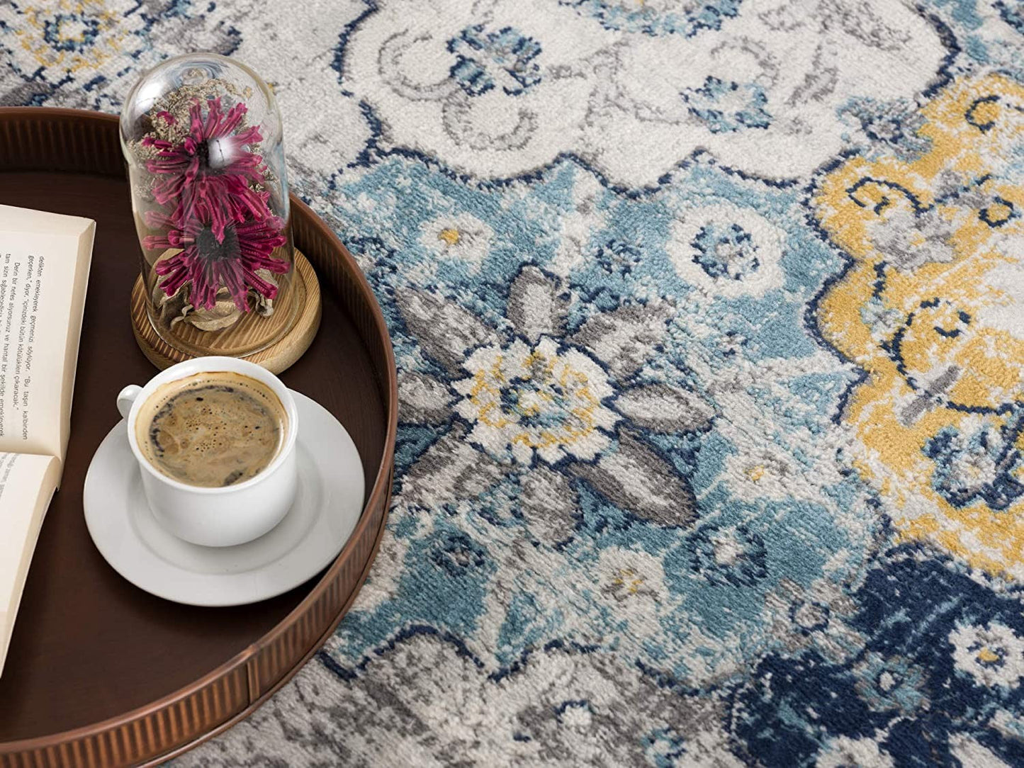 HomeRoots 2’ x 10’ Blue Distressed Floral Runner Rug