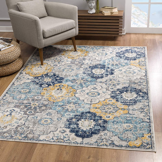 HomeRoots 2’ x 10’ Blue Distressed Floral Runner Rug