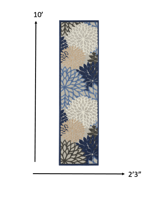HomeRoots 2’ x 10’ Blue Large Indoor Outdoor Runner Rug With Floral Finish
