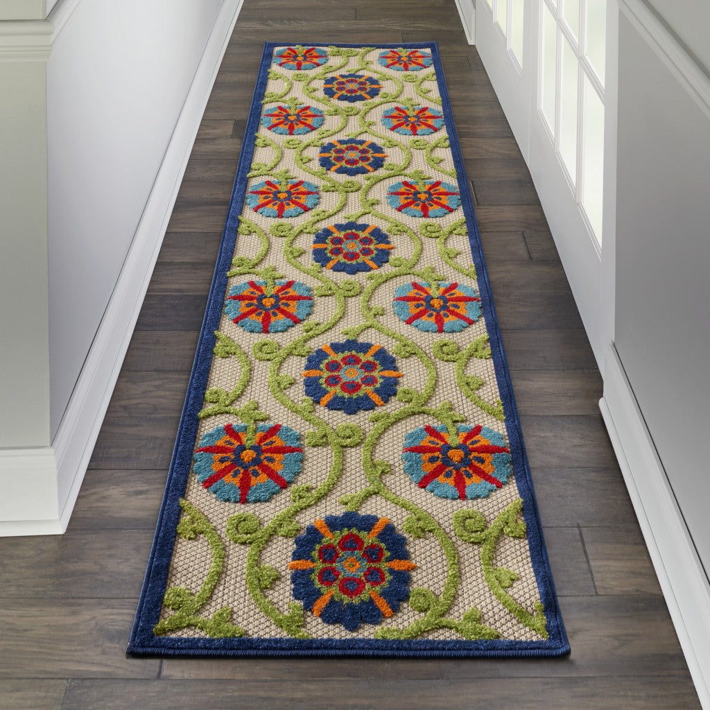 HomeRoots 2’ x 10’ Blue Vines Indoor Outdoor Runner Rug