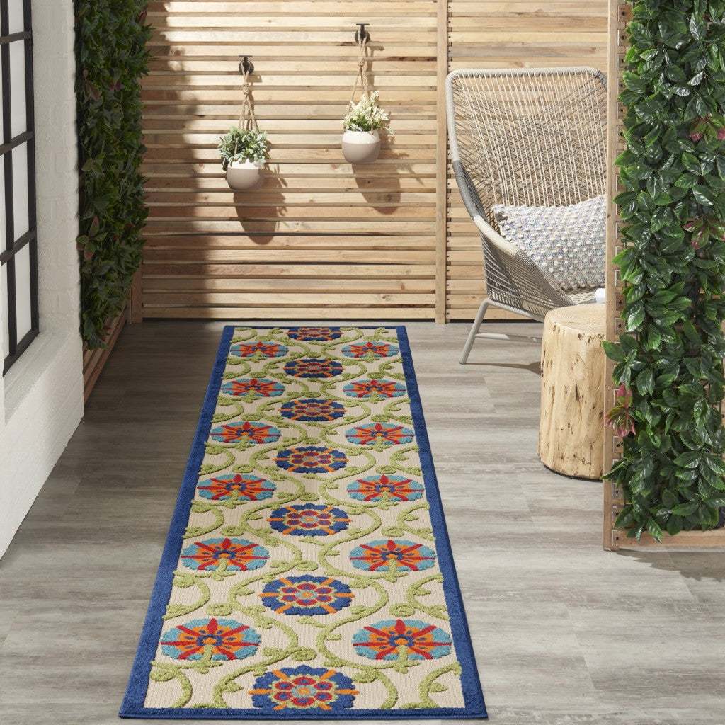 HomeRoots 2’ x 10’ Blue Vines Indoor Outdoor Runner Rug