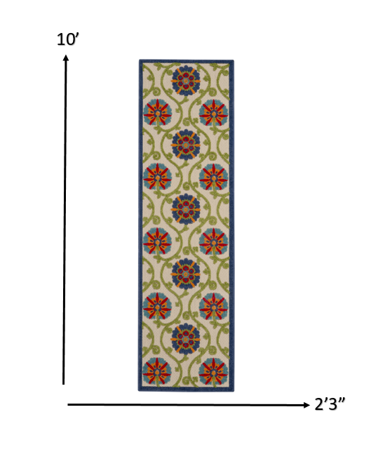 HomeRoots 2’ x 10’ Blue Vines Indoor Outdoor Runner Rug