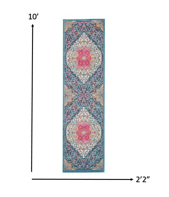 HomeRoots 2' x 10' Blue and Pink Medallion Runner Rug
