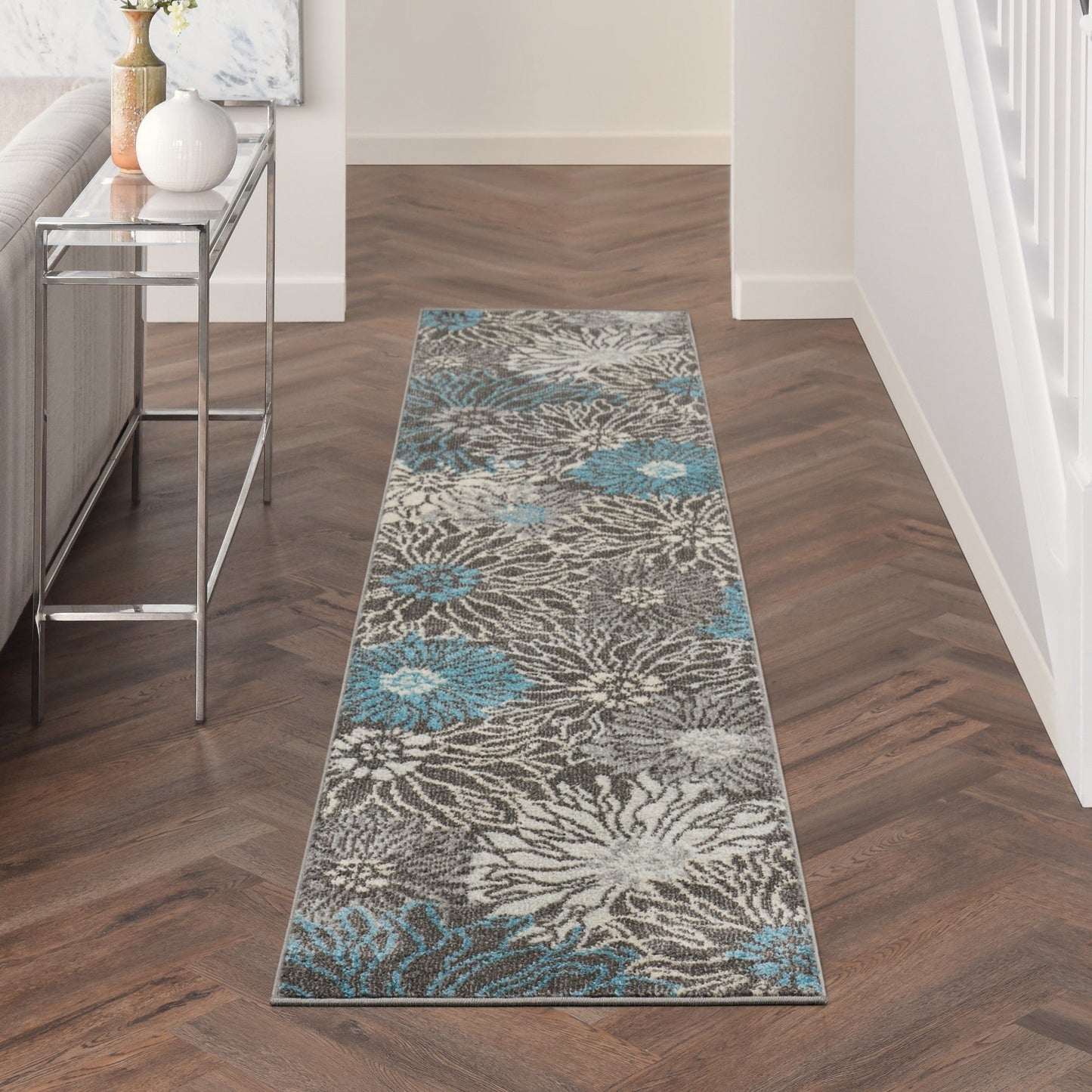 HomeRoots 2’ x 10’ Charcoal and Blue Big Flower Runner Rug