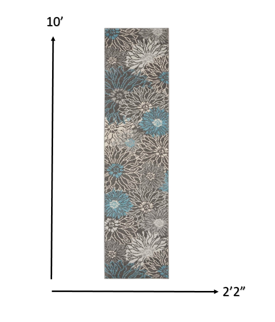HomeRoots 2’ x 10’ Charcoal and Blue Big Flower Runner Rug