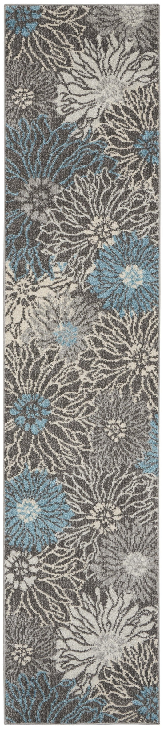 HomeRoots 2’ x 10’ Charcoal and Blue Big Flower Runner Rug