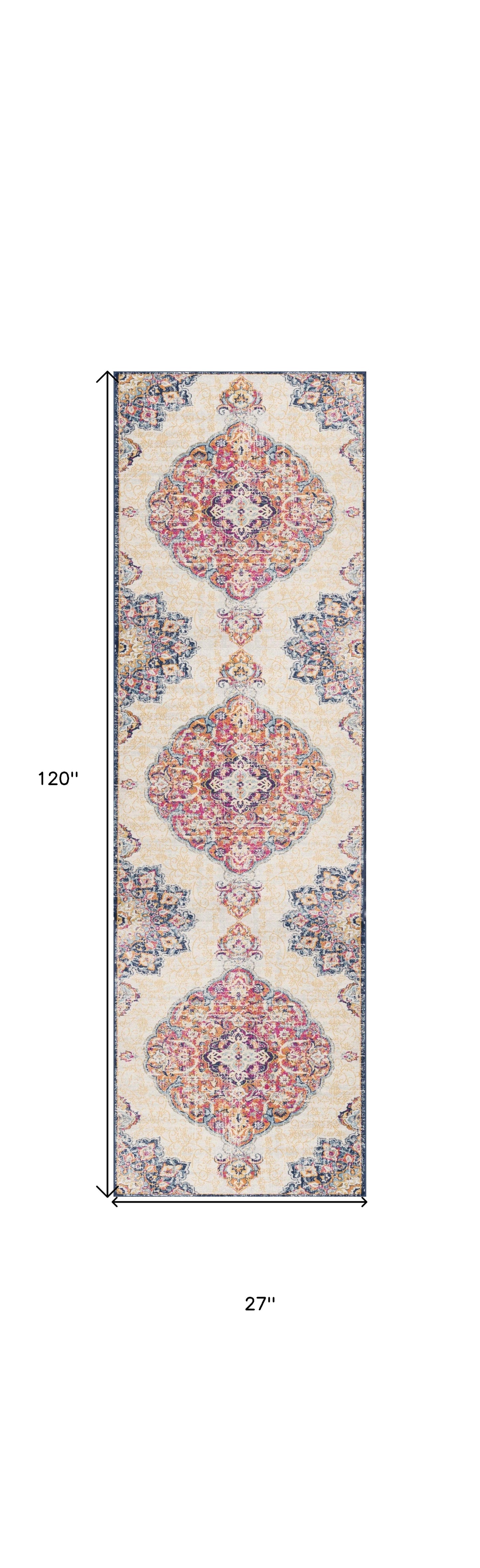 HomeRoots 2' x 10' Cream Decorative Medallion Runner Rug