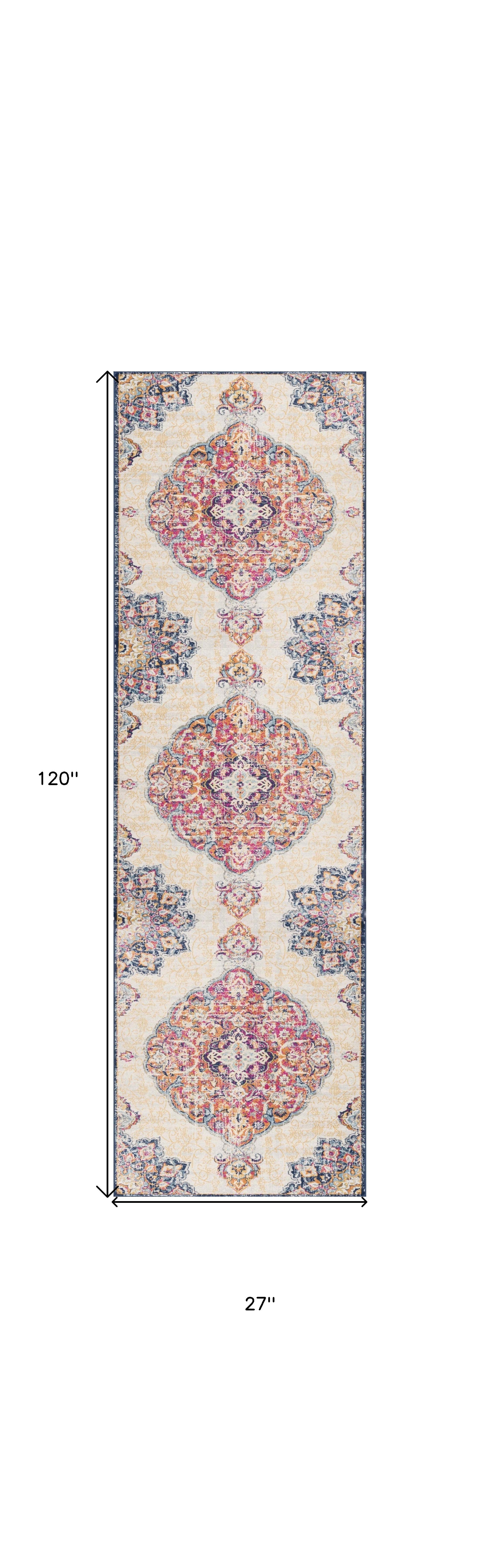 HomeRoots 2' x 10' Cream Decorative Medallion Runner Rug