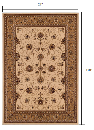 HomeRoots 2' x 10' Cream and Tan Ornate Border Runner Rug