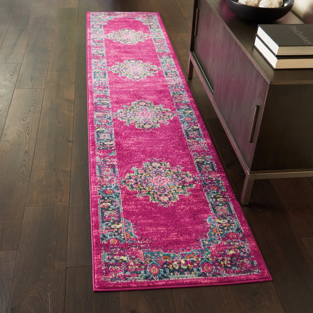 HomeRoots 2' x 10' Fuchsia and Blue Distressed Runner Rug