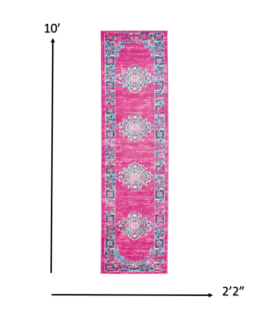 HomeRoots 2' x 10' Fuchsia and Blue Distressed Runner Rug