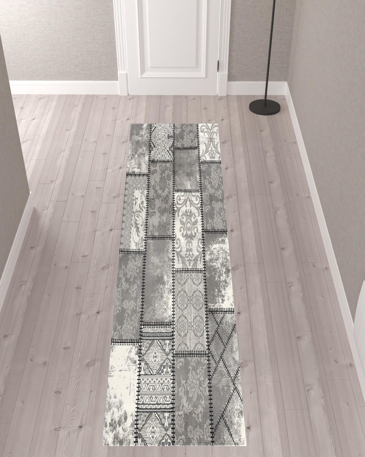 HomeRoots 2' x 10' Gray Decorative Patches Runner Rug