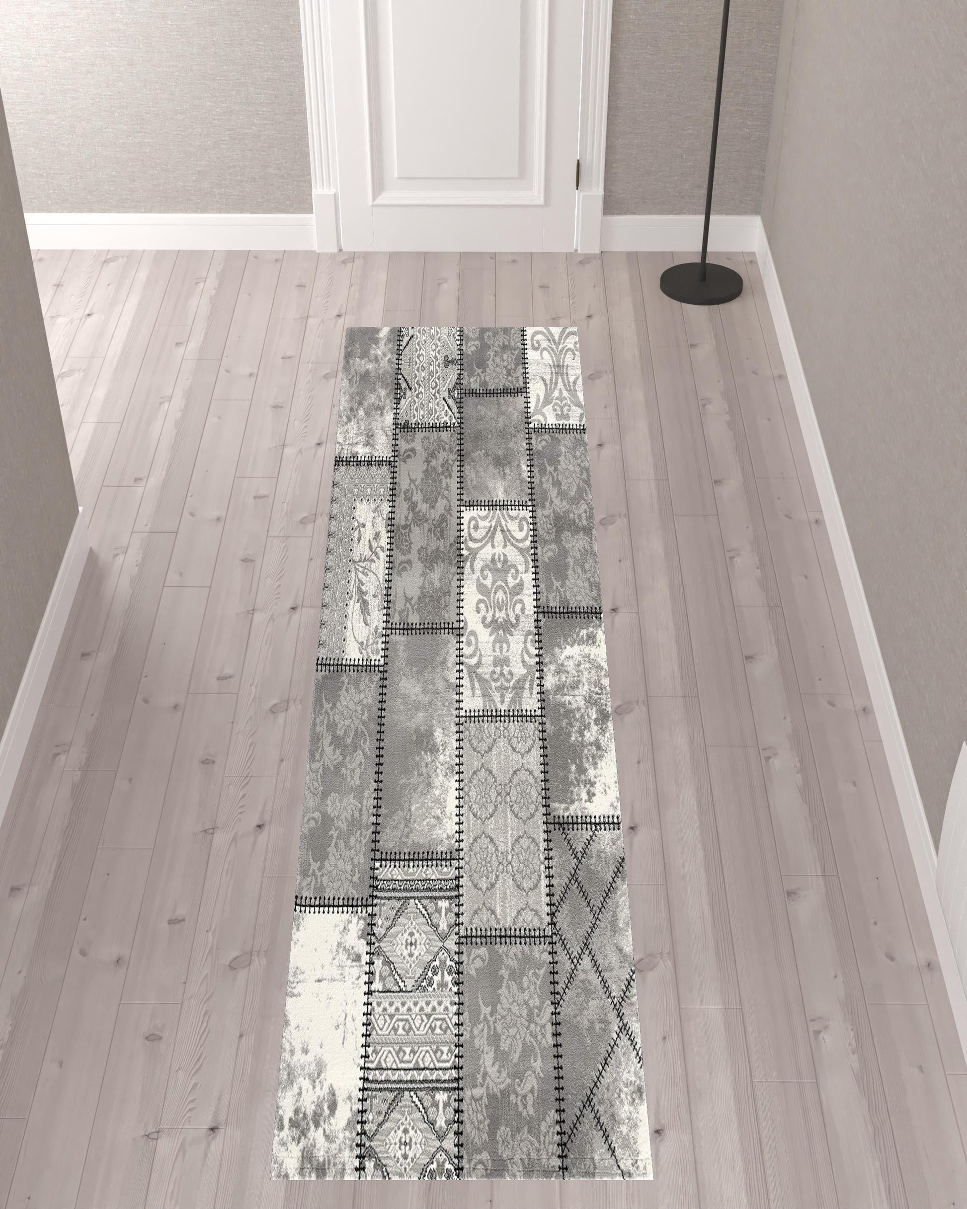 HomeRoots 2' x 10' Gray Decorative Patches Runner Rug