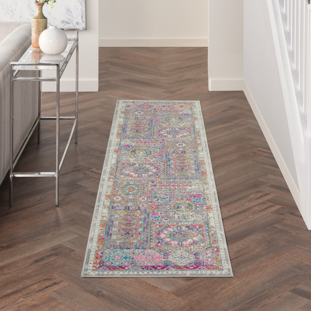 HomeRoots 2' x 10' Gray Distressed Ornamental Runner Rug