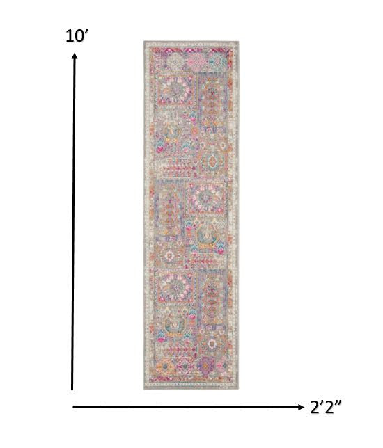 HomeRoots 2' x 10' Gray Distressed Ornamental Runner Rug