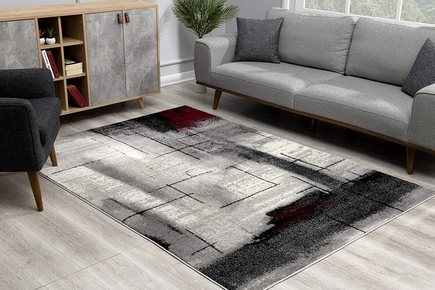 HomeRoots 2' x 10' Gray and Burgundy Abstract Runner Rug