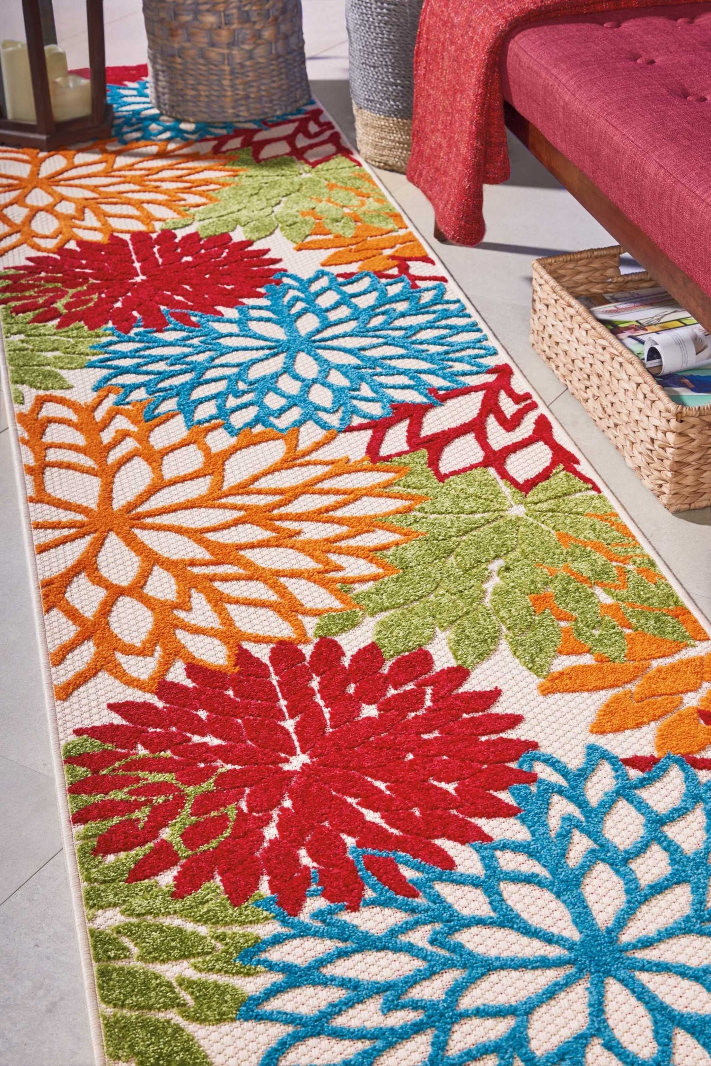 HomeRoots 2’ x 10’ Green Floral Indoor Outdoor Runner Rug