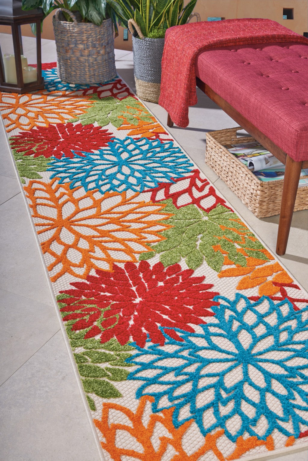 HomeRoots 2’ x 10’ Green Floral Indoor Outdoor Runner Rug