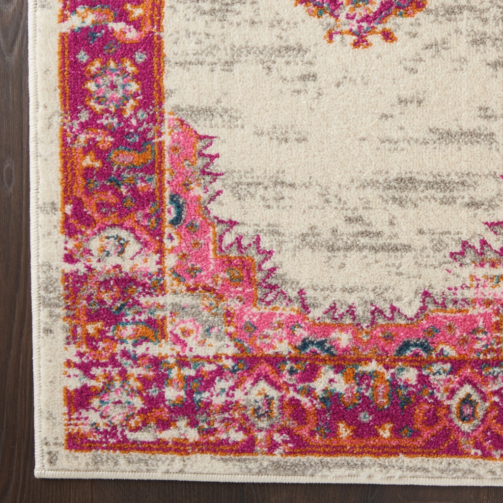 HomeRoots 2' x 10' Ivory and Fuchsia Distressed Runner Rug