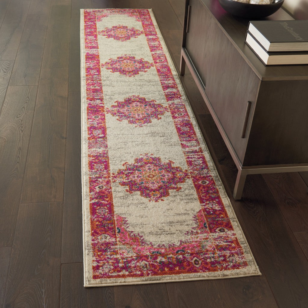 HomeRoots 2' x 10' Ivory and Fuchsia Distressed Runner Rug