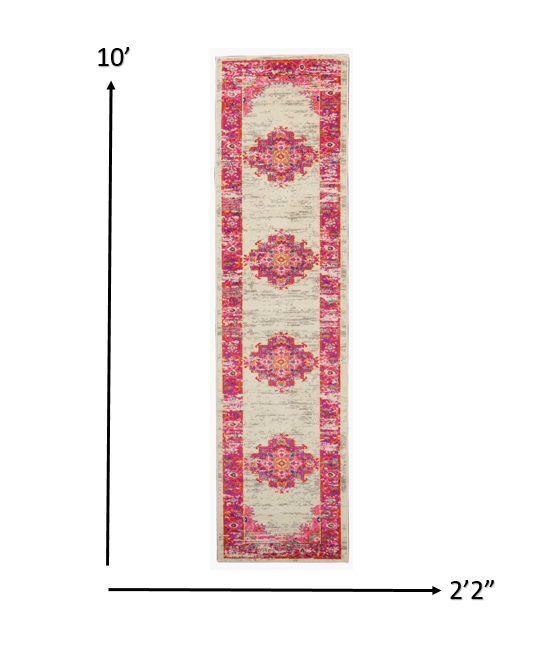 HomeRoots 2' x 10' Ivory and Fuchsia Distressed Runner Rug