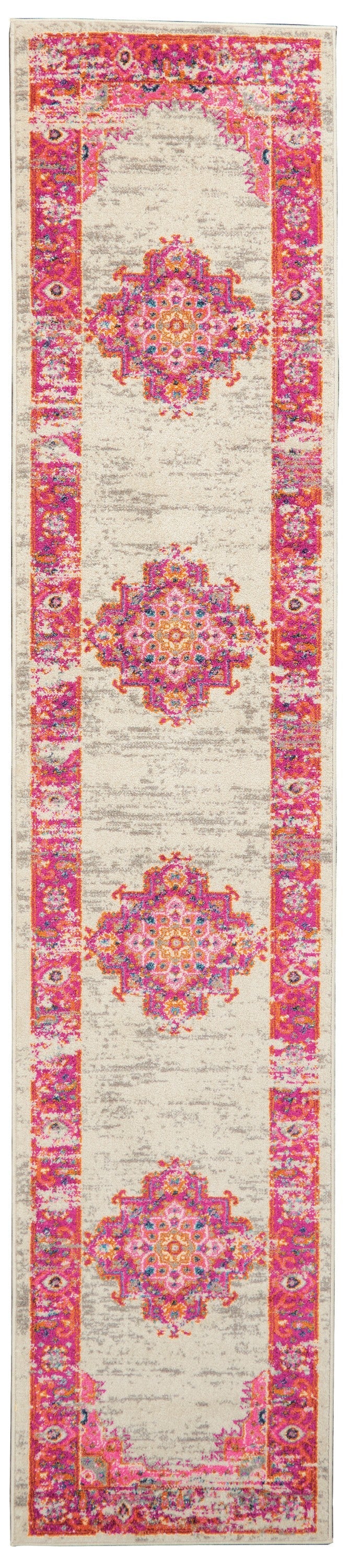 HomeRoots 2' x 10' Ivory and Fuchsia Distressed Runner Rug