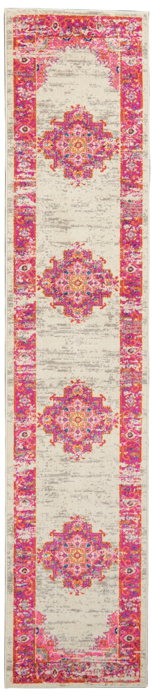 HomeRoots 2' x 10' Ivory and Fuchsia Distressed Runner Rug