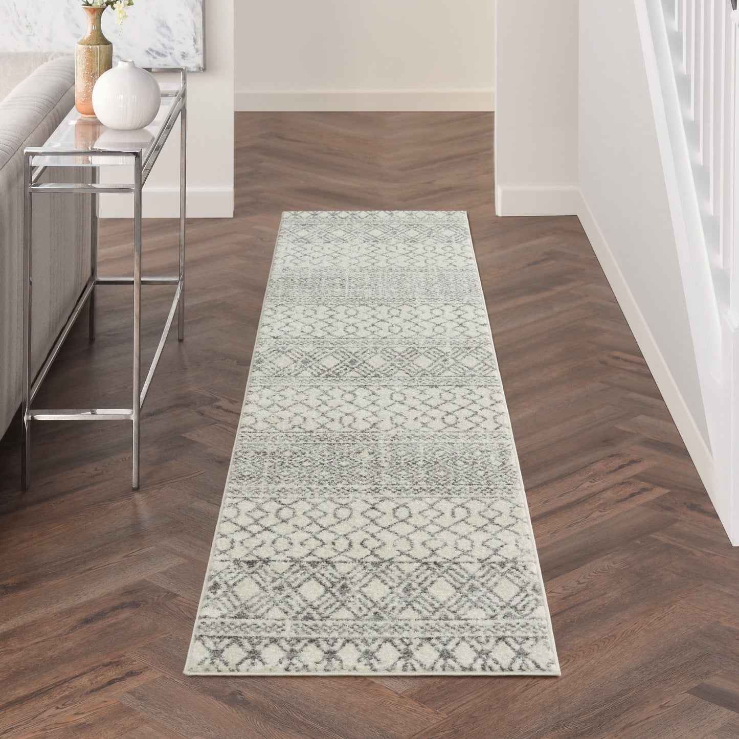 HomeRoots 2’ x 10’ Ivory and Gray Geometric Runner Rug