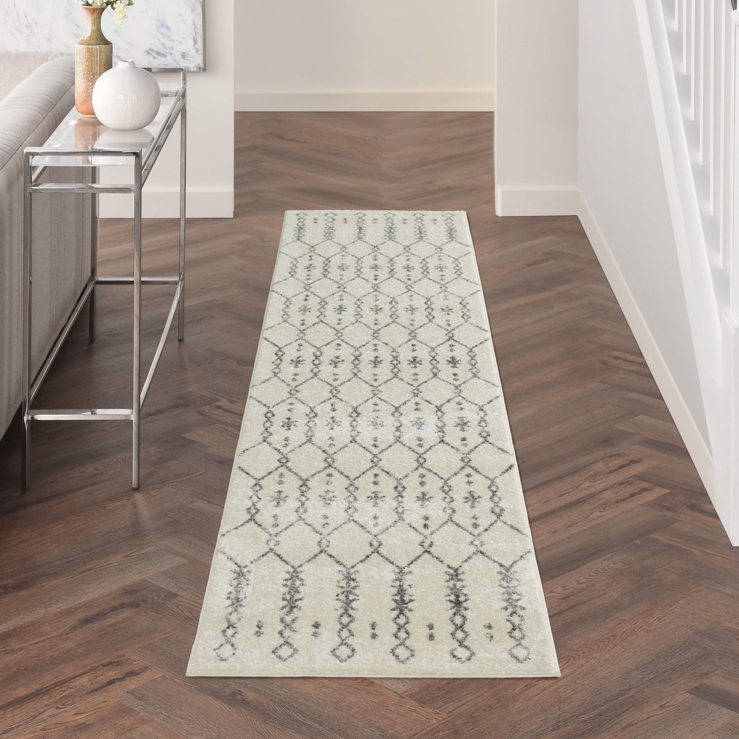 HomeRoots 2' x 10' Ivory and Gray Geometric Runner Rug