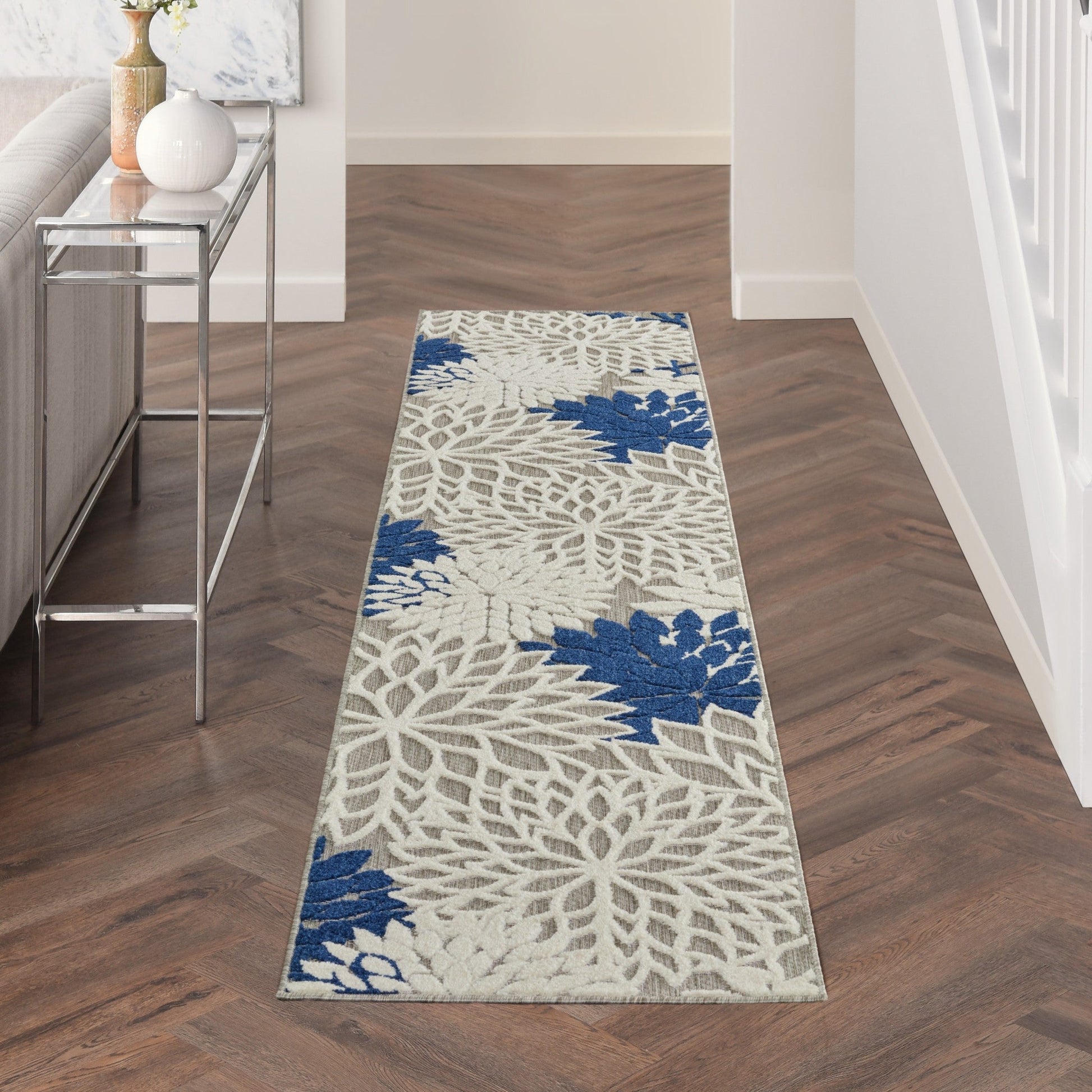HomeRoots 2’ x 10’ Ivory and Navy Indoor Outdoor Runner Rug