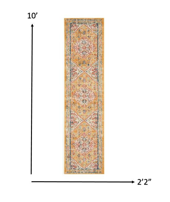 HomeRoots 2' x 10' Ivory and Yellow Center Medallion Runner Rug