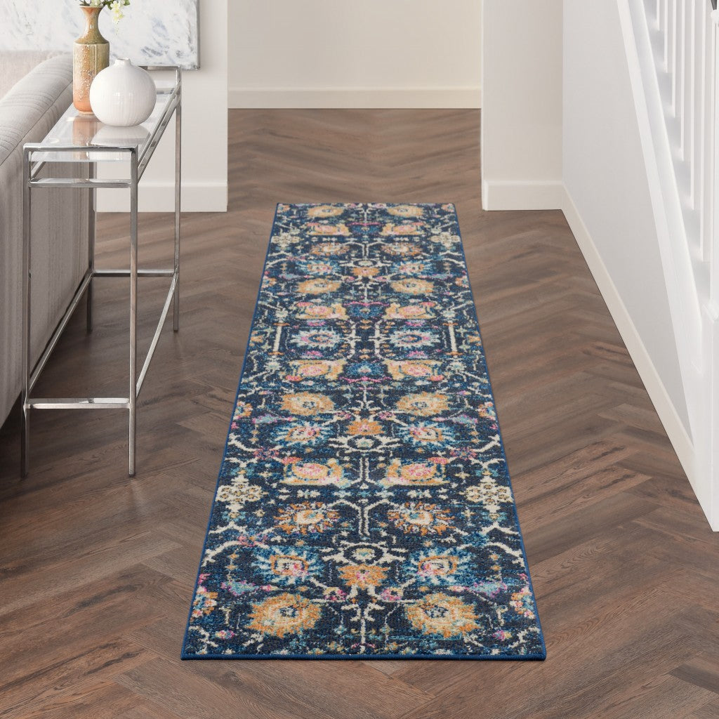 HomeRoots 2' x 10' Navy Blue Floral Buds Runner Rug