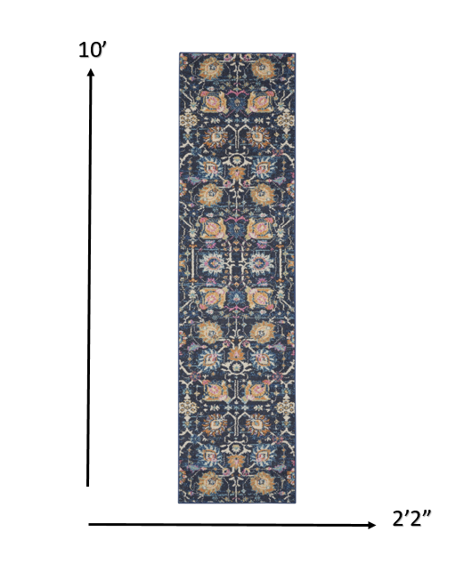 HomeRoots 2' x 10' Navy Blue Floral Buds Runner Rug